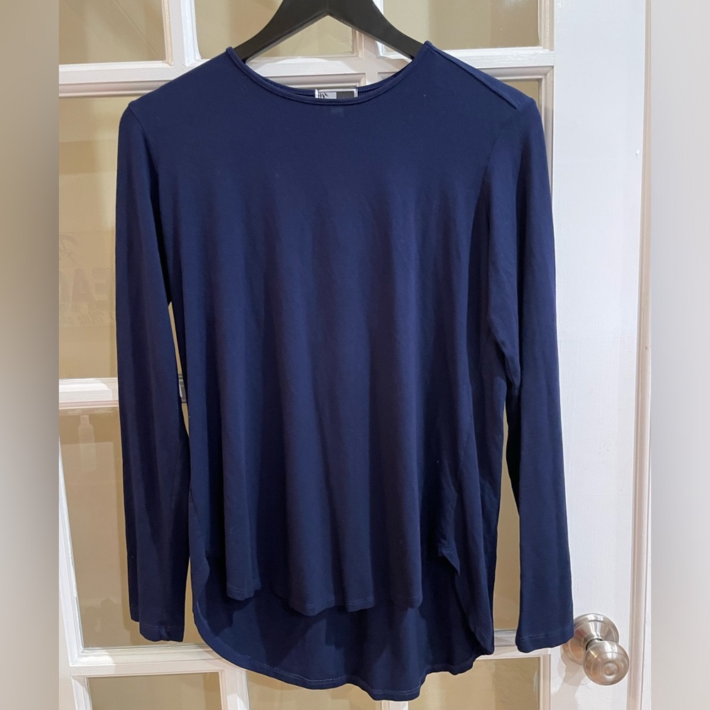 Annie Turbin Navy Blue Shirt Top Size 1 S Pleated Black Tunic Top